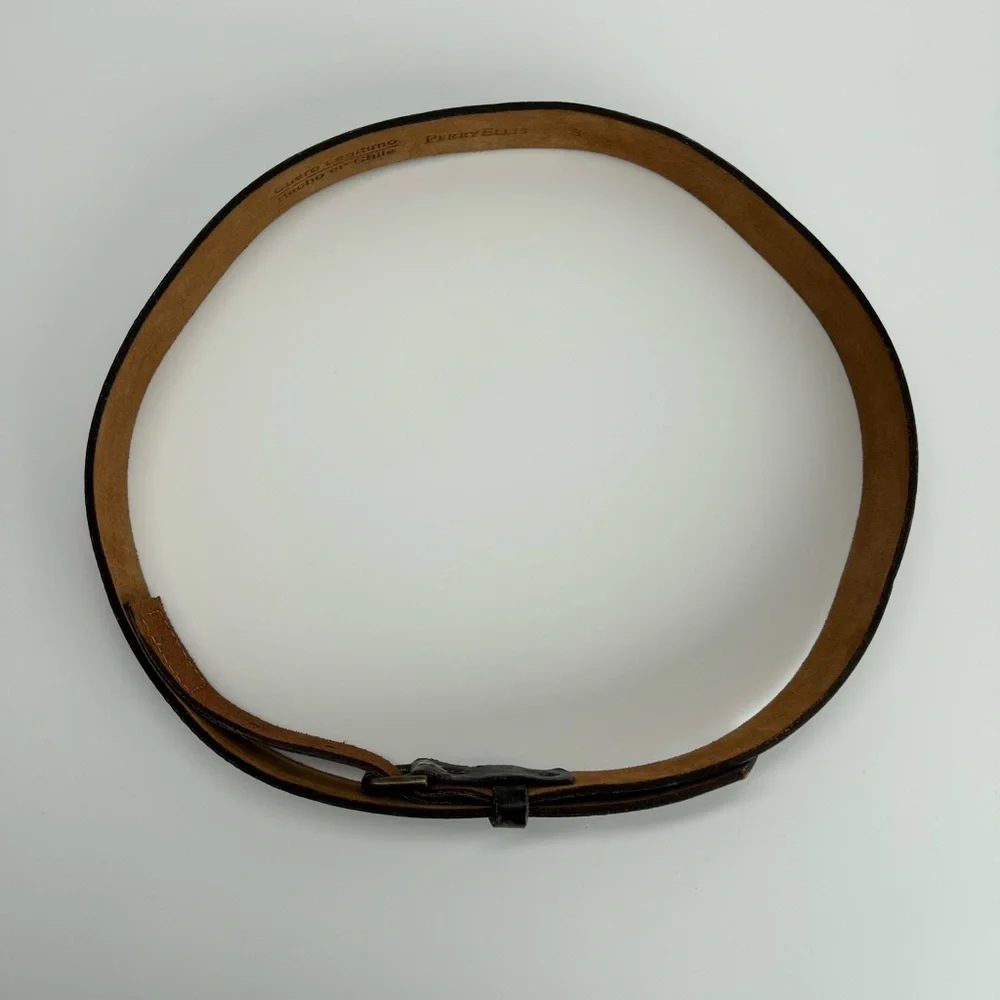 PERRY ELLIS Invisible‎ Buckle Belt S Leopard Print Leather Neutral Casual